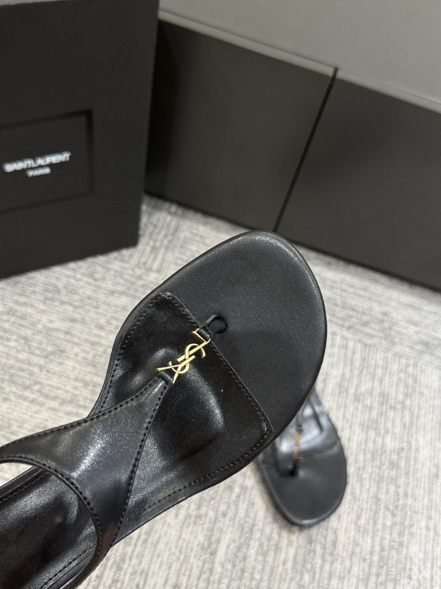 YSL WEDGE THONG SANDALS 25S IN BLACK LAMBSKIN WITH GOLD HARDWARE - 35