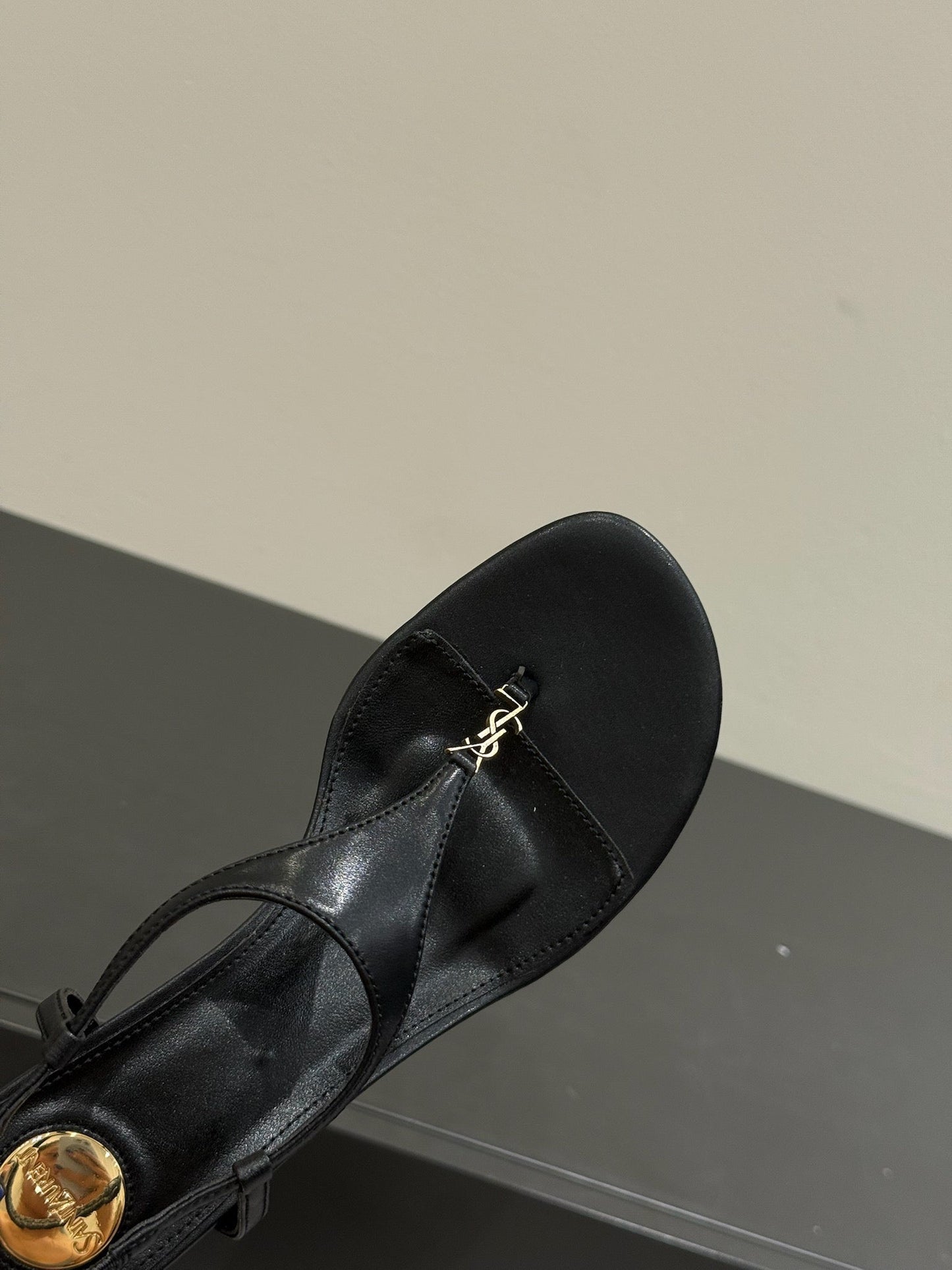 YSL WEDGE THONG SANDALS 25S IN BLACK LAMBSKIN WITH GOLD HARDWARE - 35