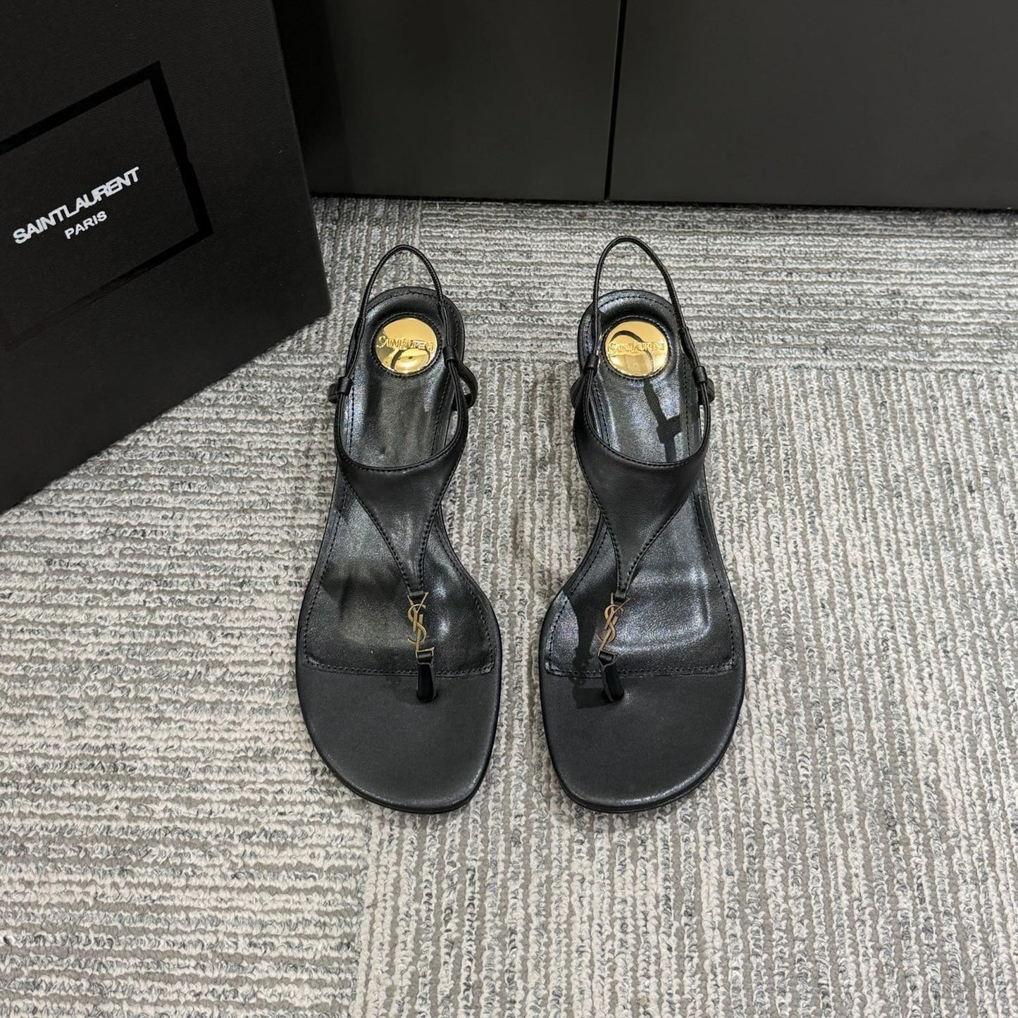 YSL WEDGE THONG SANDALS 25S IN BLACK LAMBSKIN WITH GOLD HARDWARE - 35