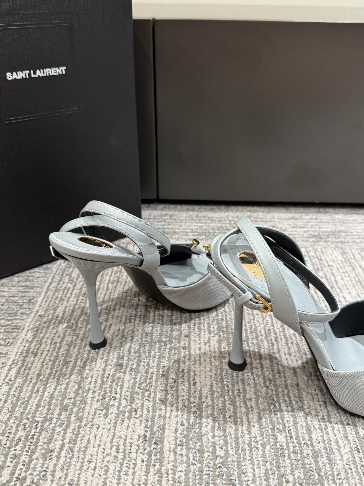 YSL HEELED SANDALS 25S 100 MM IN LIGHT SLATE BLUE LAMBSKIN - 35