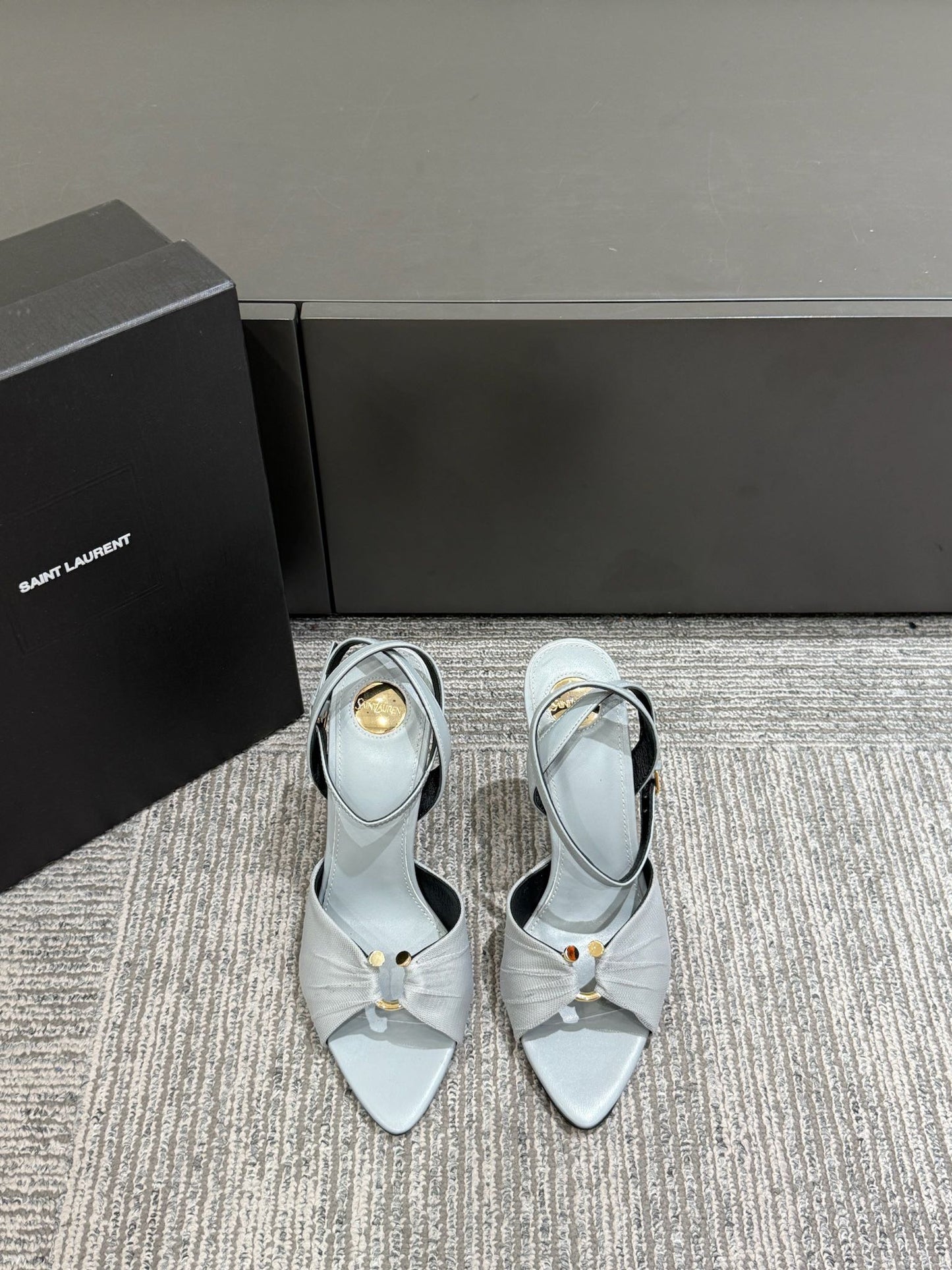 YSL HEELED SANDALS 25S 100 MM IN LIGHT SLATE BLUE LAMBSKIN - 35