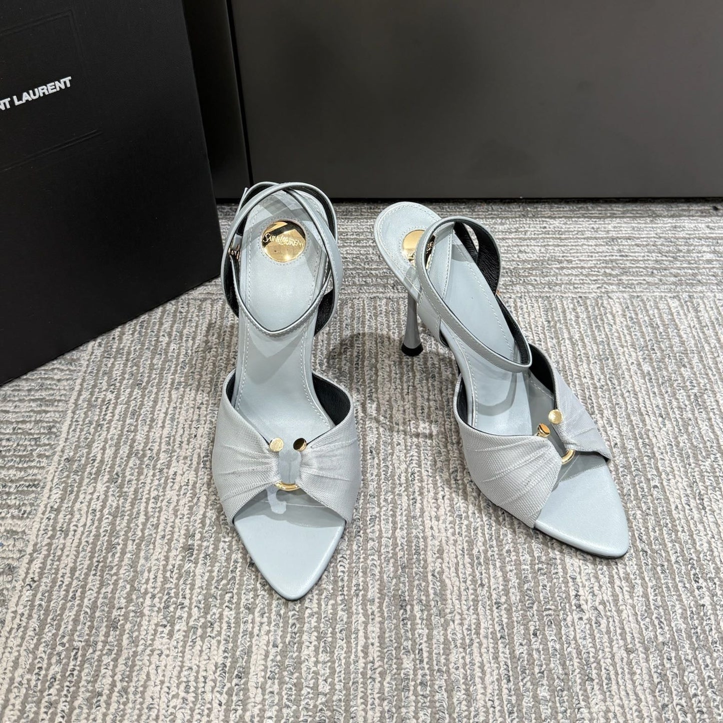 YSL HEELED SANDALS 25S 100 MM IN LIGHT SLATE BLUE LAMBSKIN - 35