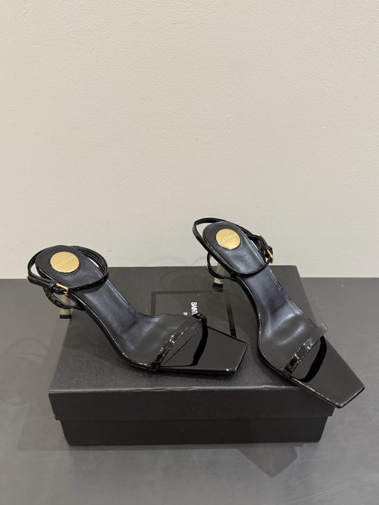 YSL KITTEN HEEL SANDALS 25S IN BLACK GLOSSY LAMBSKIN - 35