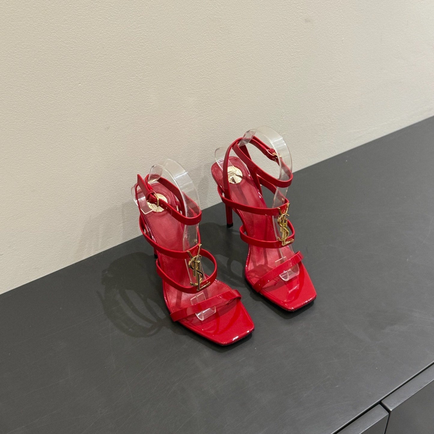 YSL SINGLE-STRAP HEELED SANDALS 25S IN RED LAMBSKIN - 35