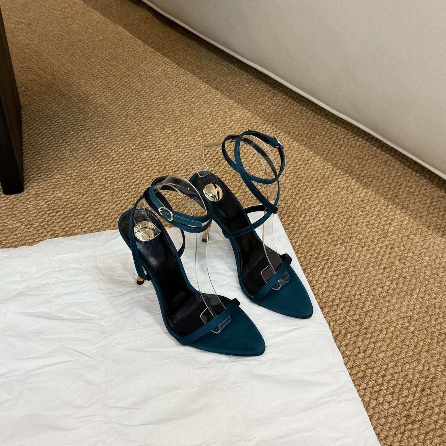 YSL HIGH HEEL SANDALS 25S IN DEEP SEA BLUE SATIN AND LAMBSKIN - 35