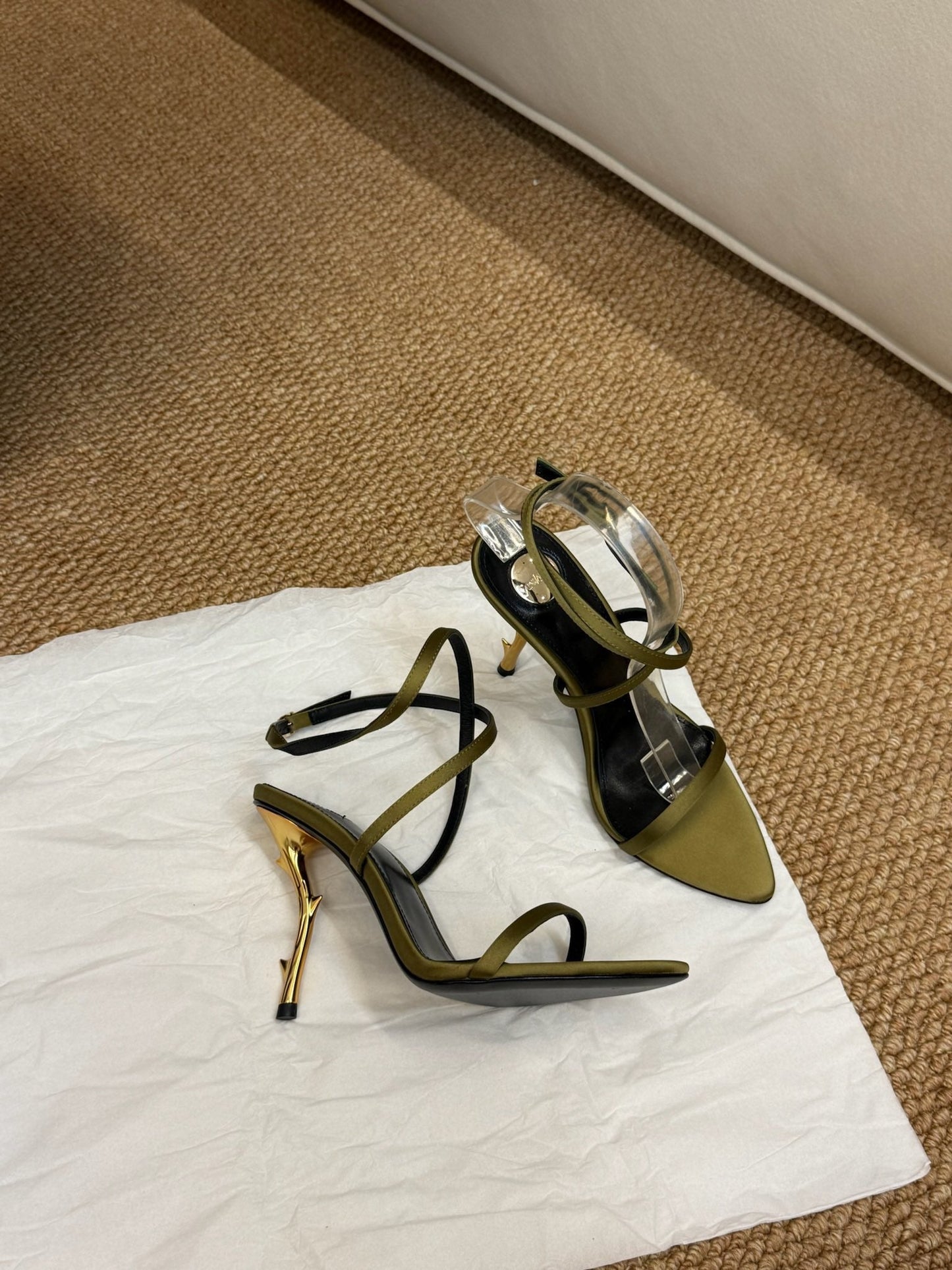 YSL HIGH HEEL SANDALS 25S IN MOSS GREEN SATIN AND LAMBSKIN - 35