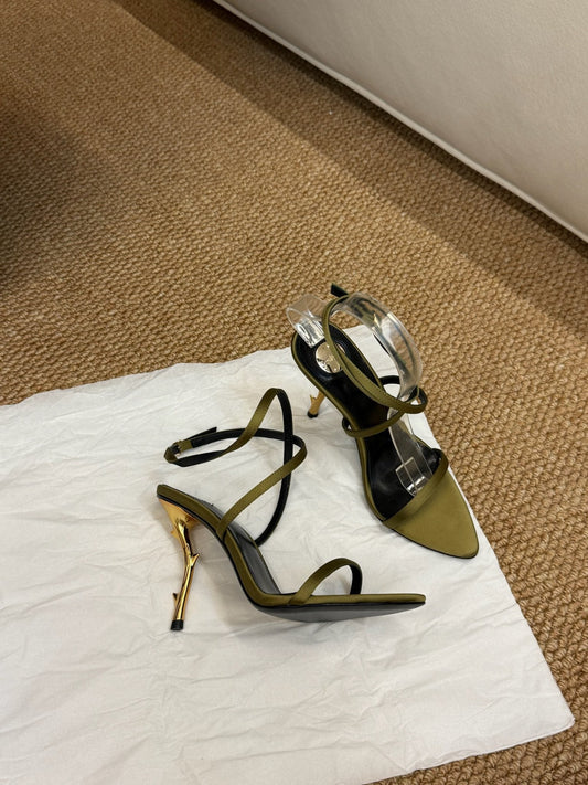 YSL HIGH HEEL SANDALS 25S IN MOSS GREEN SATIN AND LAMBSKIN - 35