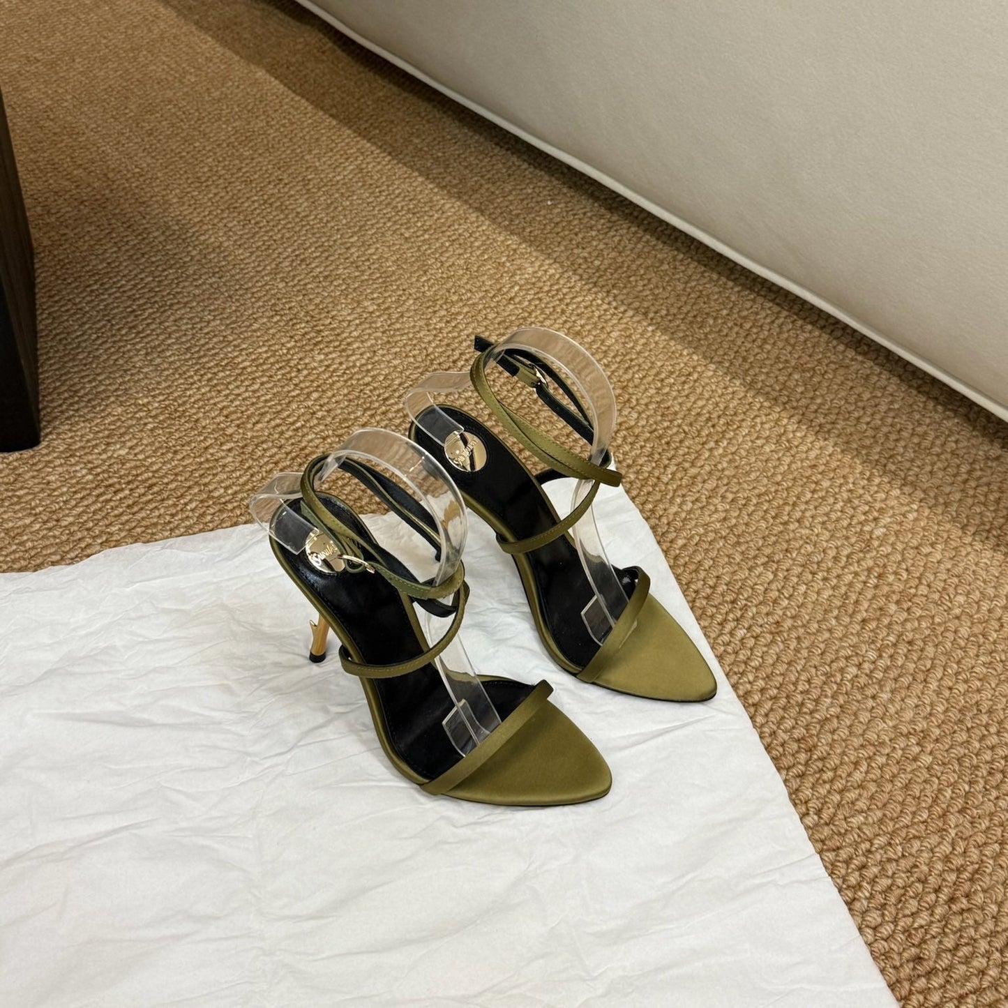 YSL HIGH HEEL SANDALS 25S IN MOSS GREEN SATIN AND LAMBSKIN - 35