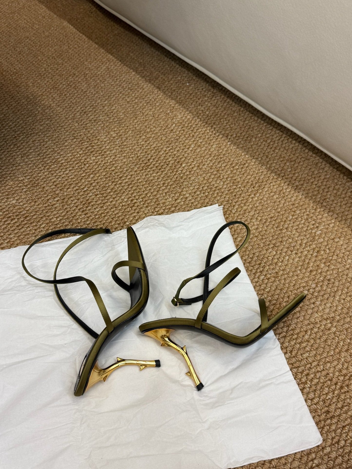 YSL HIGH HEEL SANDALS 25S IN MOSS GREEN SATIN AND LAMBSKIN - 35