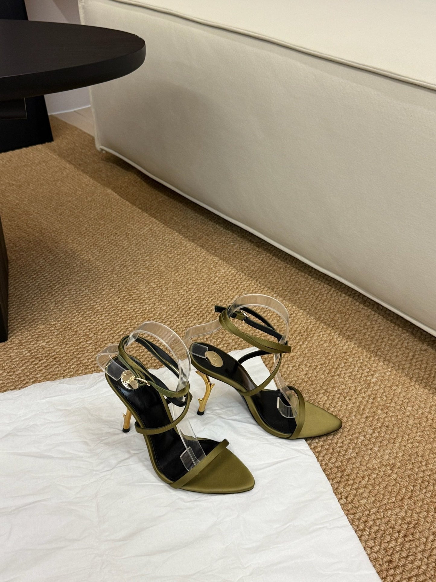 YSL HIGH HEEL SANDALS 25S IN MOSS GREEN SATIN AND LAMBSKIN - 35