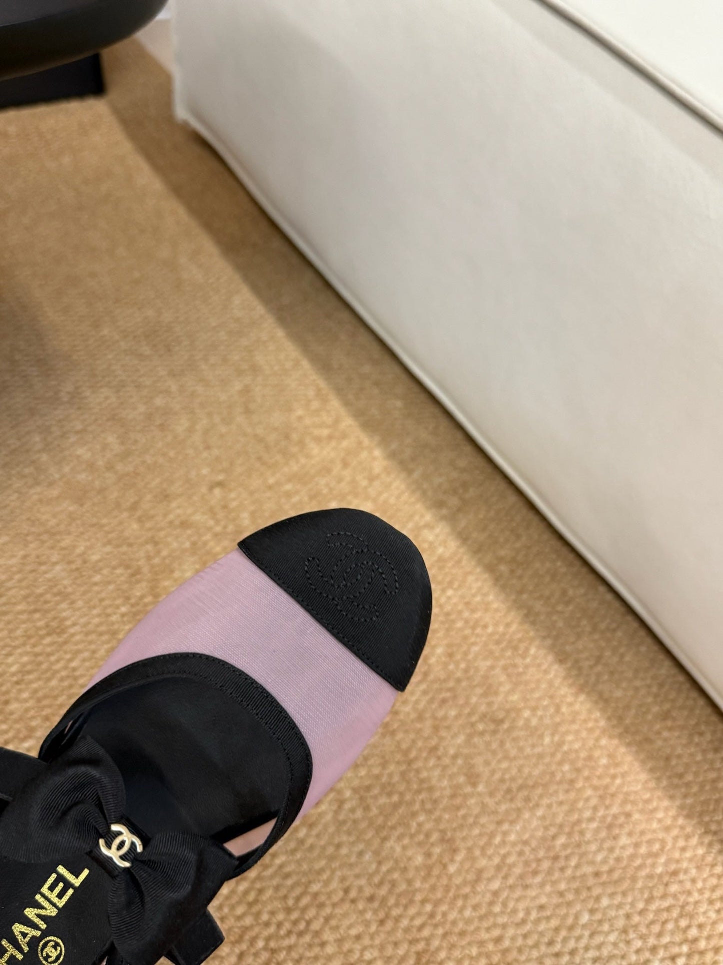 CHANEL 26S MARY JANE FLATS IN PINK AND BLACK MESH RIBBON STRAP CAP TOE