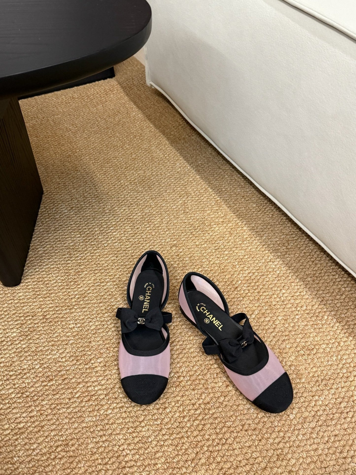 CHANEL 26S MARY JANE FLATS IN PINK AND BLACK MESH RIBBON STRAP CAP TOE