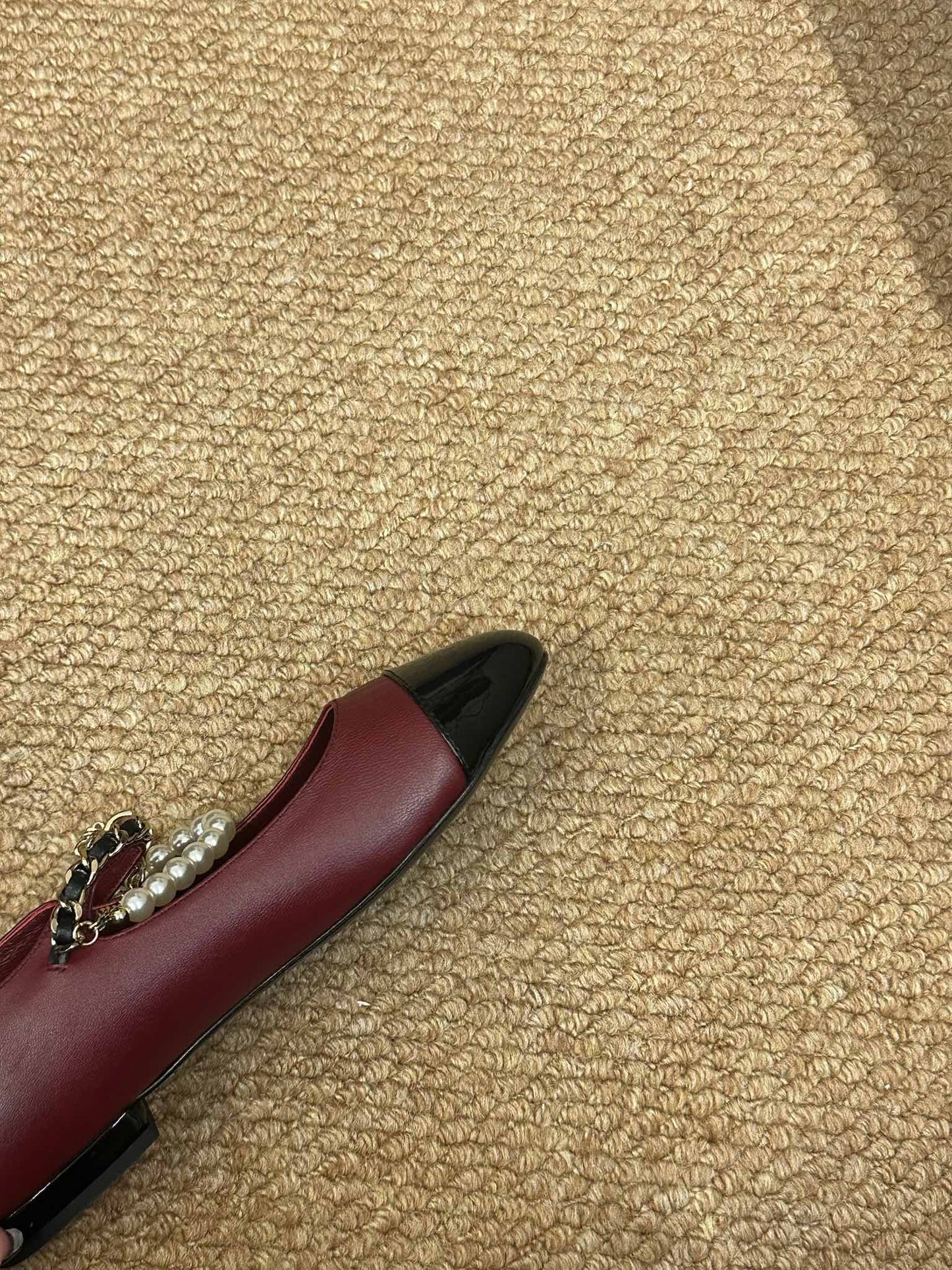CHANEL 26S MARY JANE PEARL STRAP FLATS IN BURGUNDY RED CALFSKIN