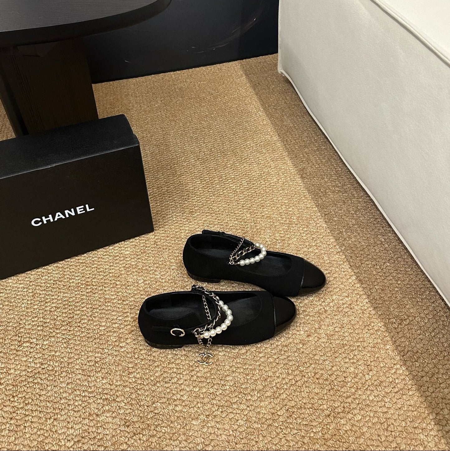 CHANEL 26S MARY JANE PEARL STRAP FLATS IN BLACK CALFSKIN