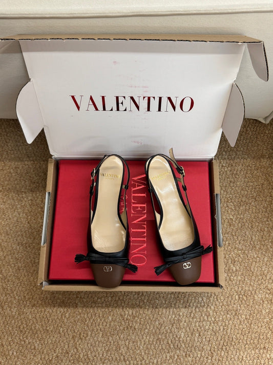 ВИСОКІ ТУФЛІ-СЛІНГБЕКИ VALENTINO 26S НА ПІДБОРАХ З КОРИЧНЕВОЇ ТА ЧОРНОЇ ТЕЛЯЧОЇ ШКІРИ