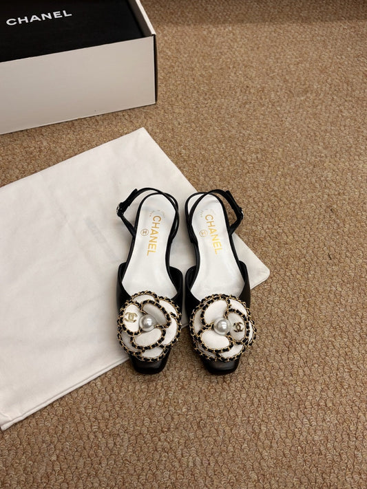 CHANEL 26S БАЛЕТКИ-СЛІНГБЕКИ З ЧОРНОЇ ТЕЛЯЧОЇ ШКІРИ CAMELLIA PEARL