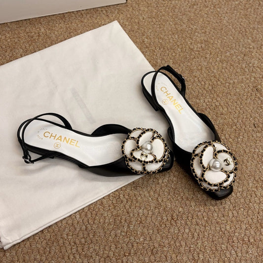 CHANEL 26S БАЛЕТКИ-СЛІНГБЕКИ З ЧОРНОЇ ТЕЛЯЧОЇ ШКІРИ CAMELLIA PEARL
