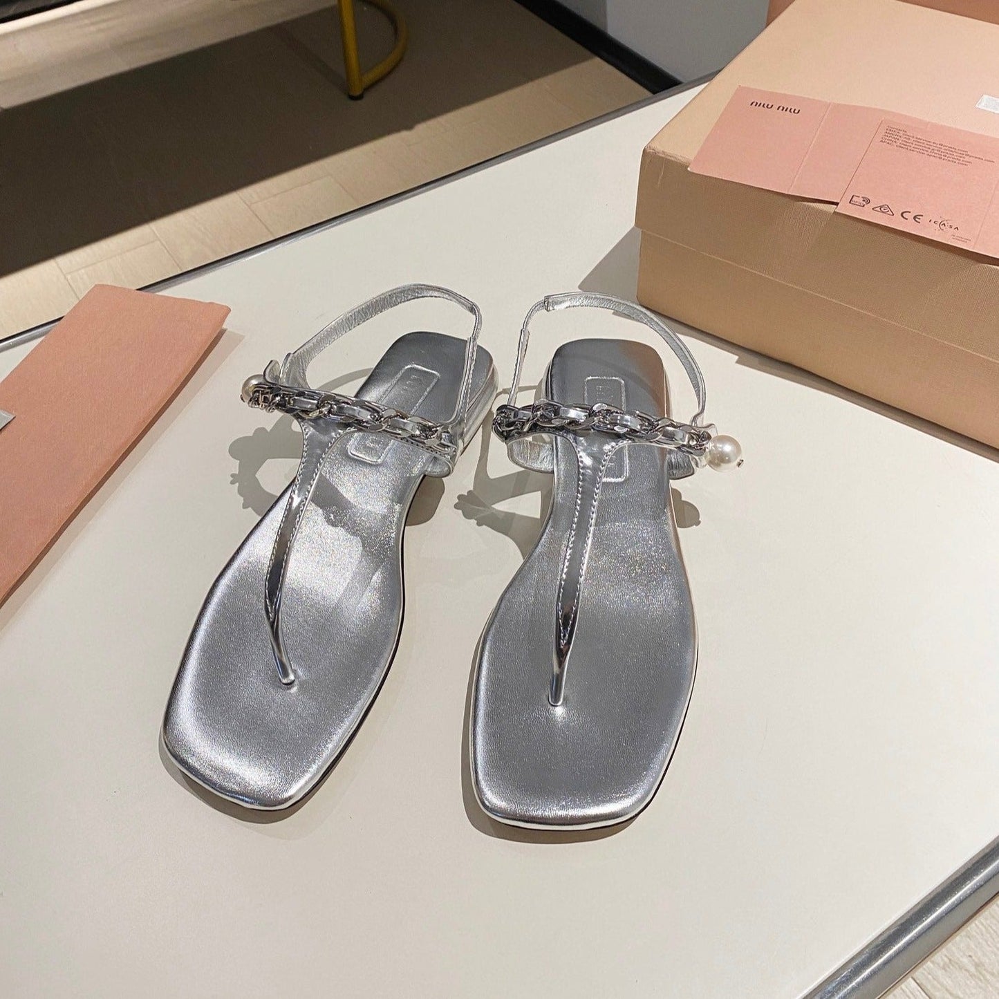 PEARL CHAIN FLIP-FLOPS SILVER LEATHER - 35