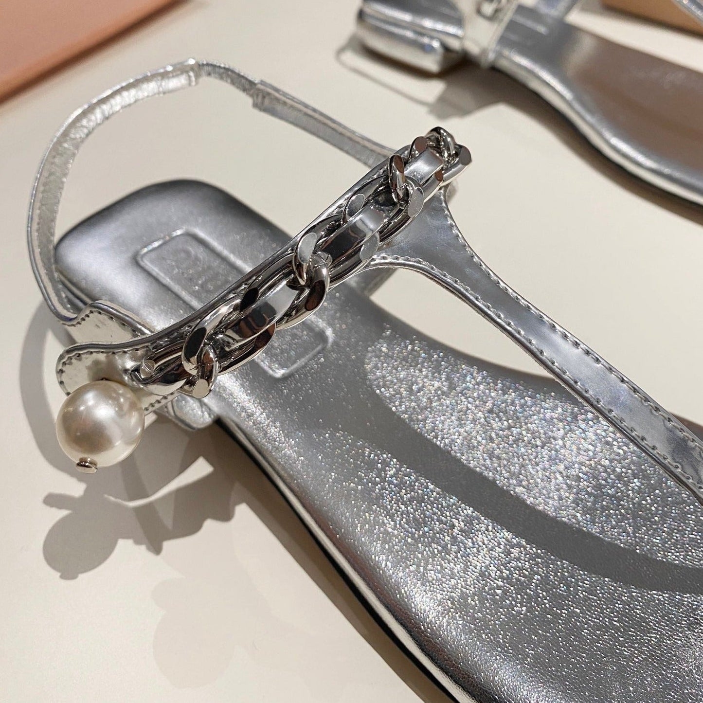 PEARL CHAIN FLIP-FLOPS SILVER LEATHER - 35