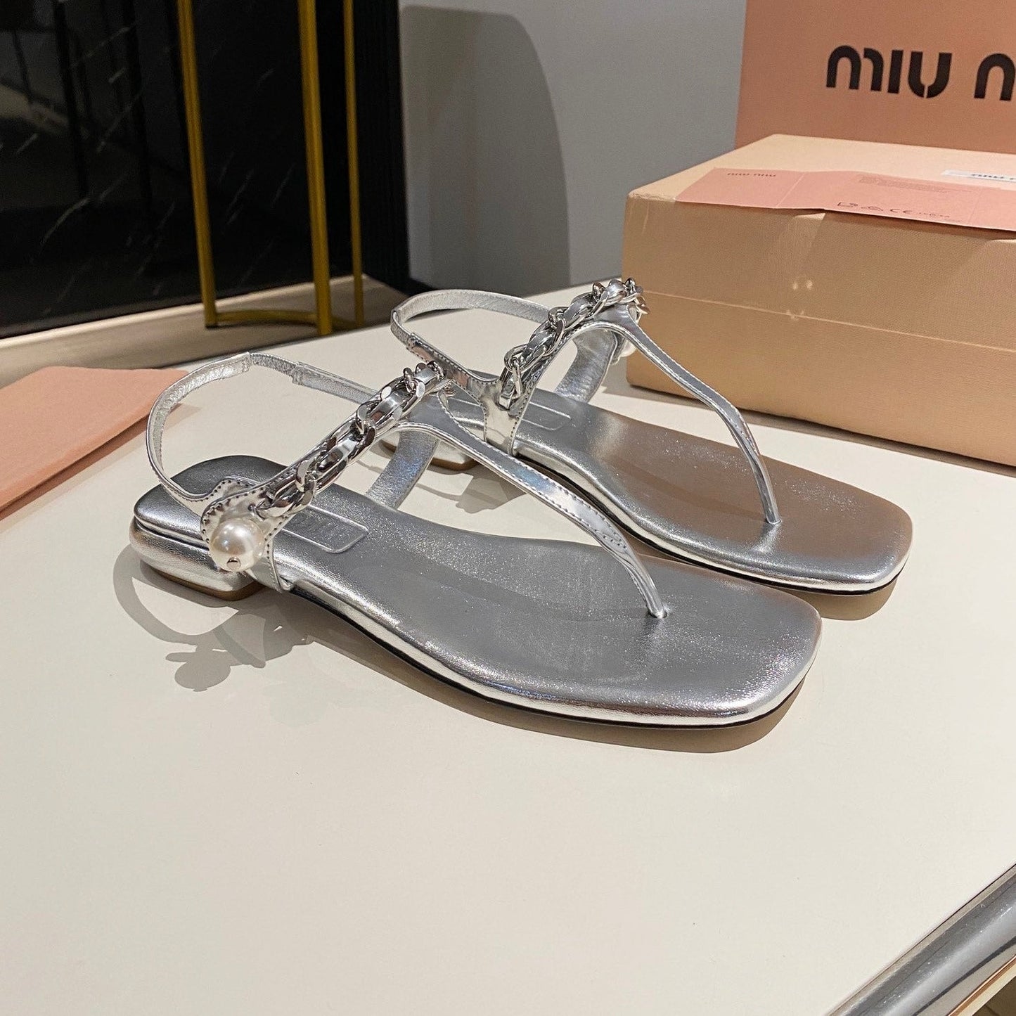 PEARL CHAIN FLIP-FLOPS SILVER LEATHER - 35