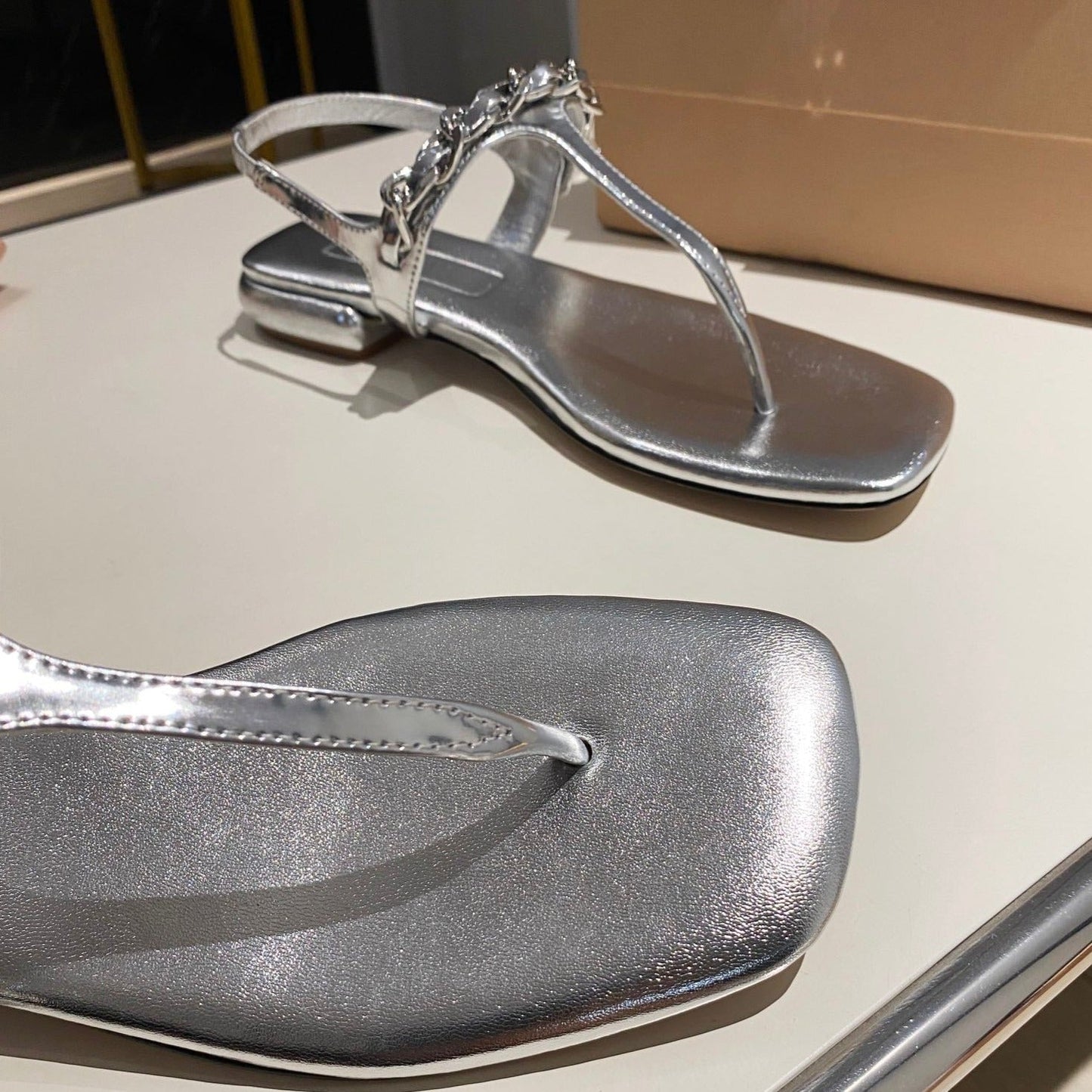 PEARL CHAIN FLIP-FLOPS SILVER LEATHER - 35