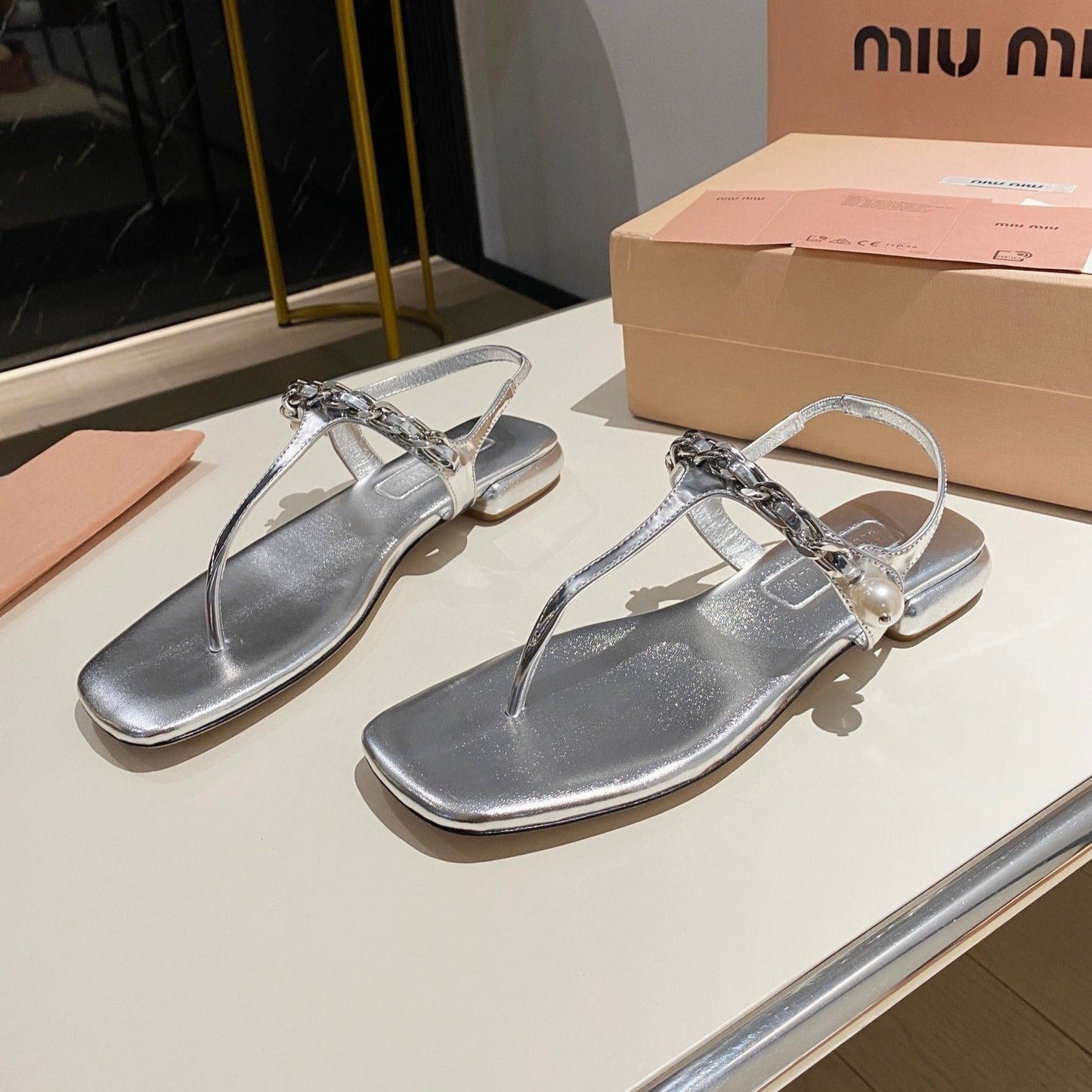 PEARL CHAIN FLIP-FLOPS SILVER LEATHER - 35