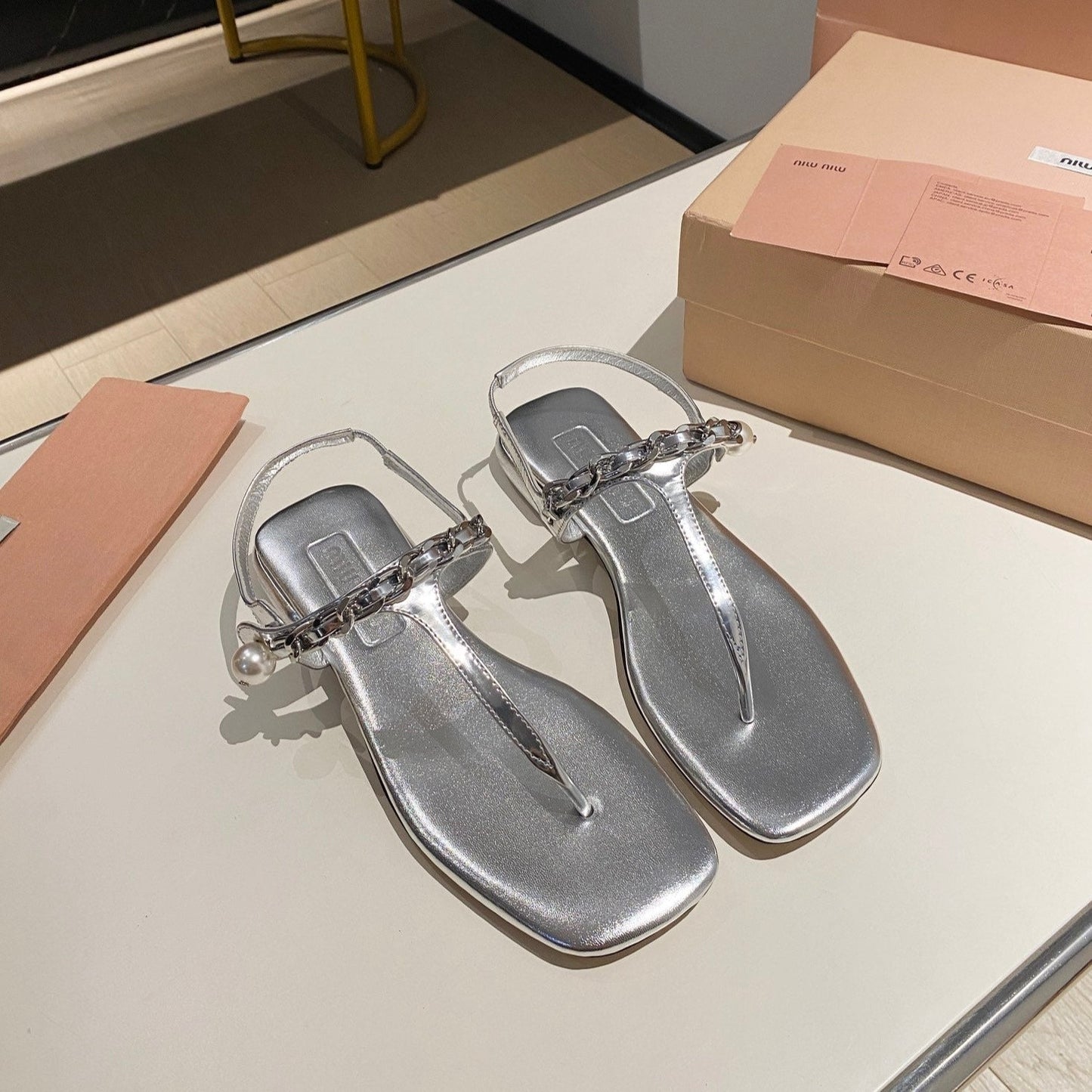 PEARL CHAIN FLIP-FLOPS SILVER LEATHER - 35
