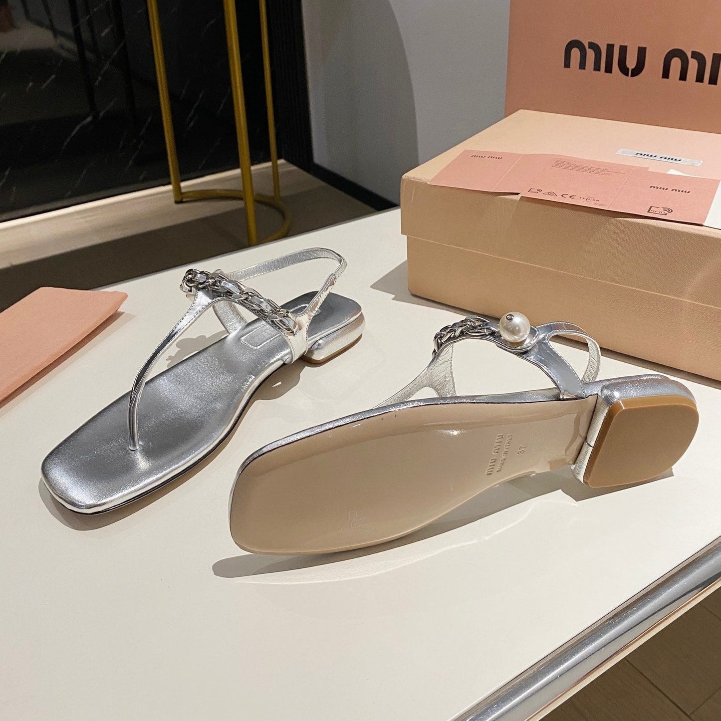 PEARL CHAIN FLIP-FLOPS SILVER LEATHER - 35