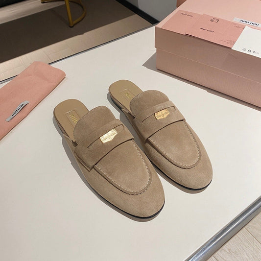 MULES SLIPPERS KHAKI COLOR SUEDE WITH GOLD COIN - 34