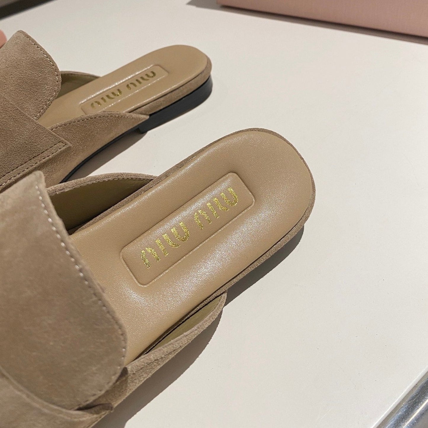 MULES SLIPPERS KHAKI COLOR SUEDE WITH GOLD COIN - 34
