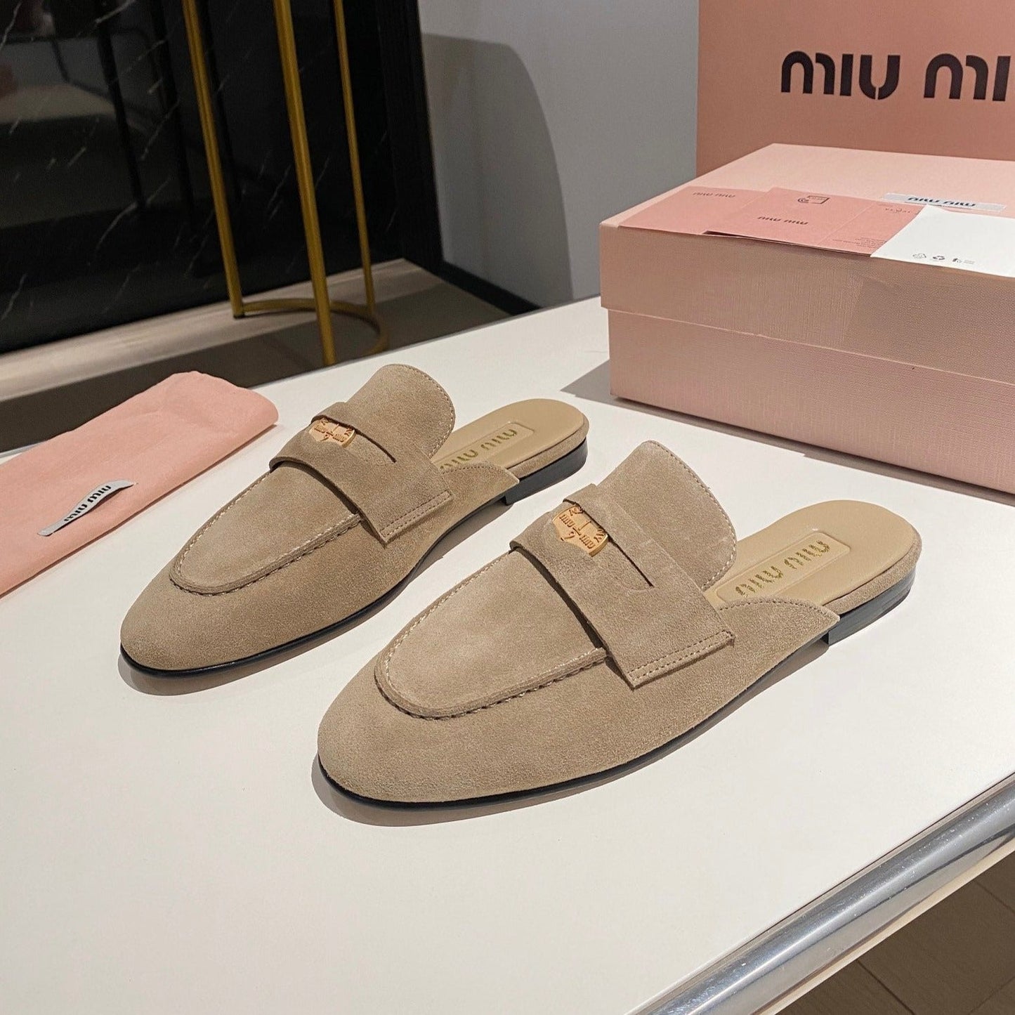 MULES SLIPPERS KHAKI COLOR SUEDE WITH GOLD COIN - 34