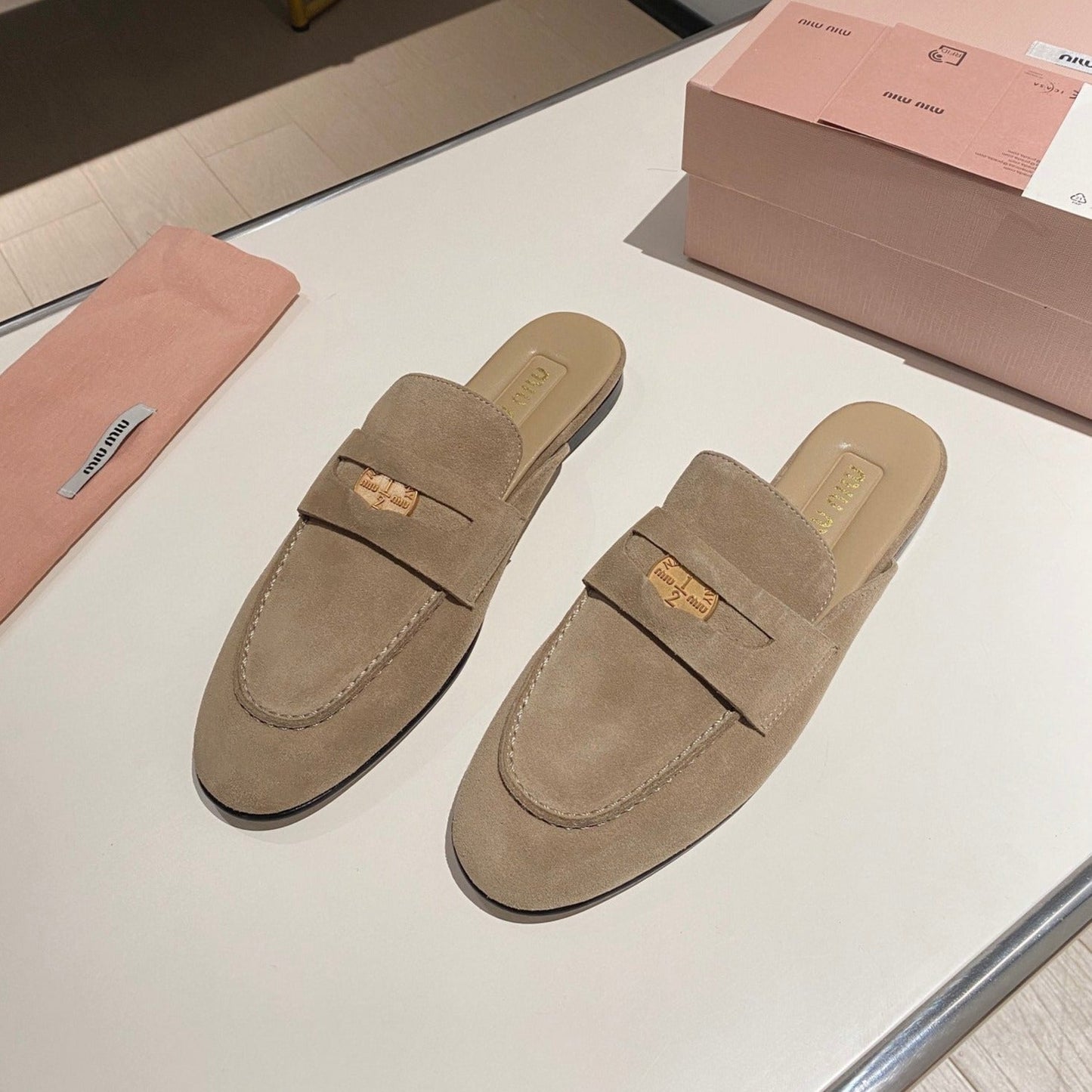 MULES SLIPPERS KHAKI COLOR SUEDE WITH GOLD COIN - 34