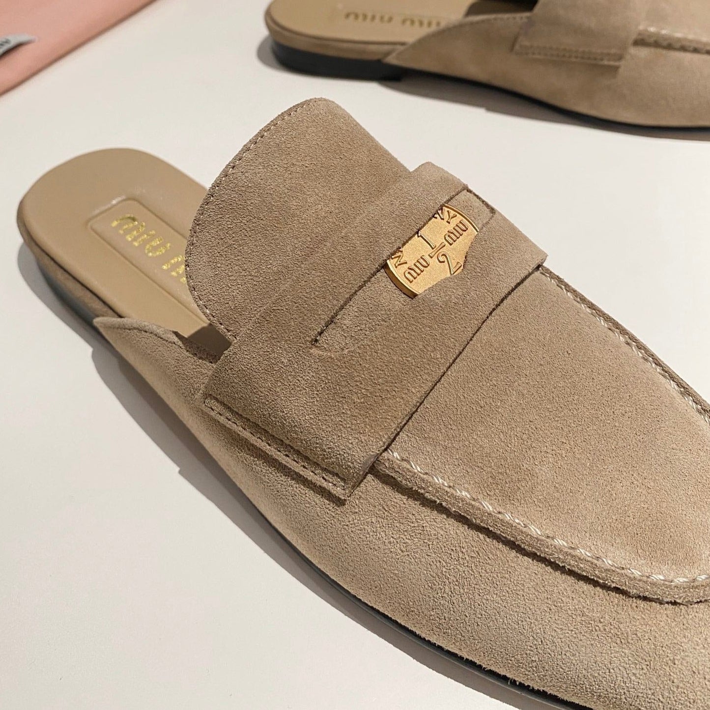 MULES SLIPPERS KHAKI COLOR SUEDE WITH GOLD COIN - 34