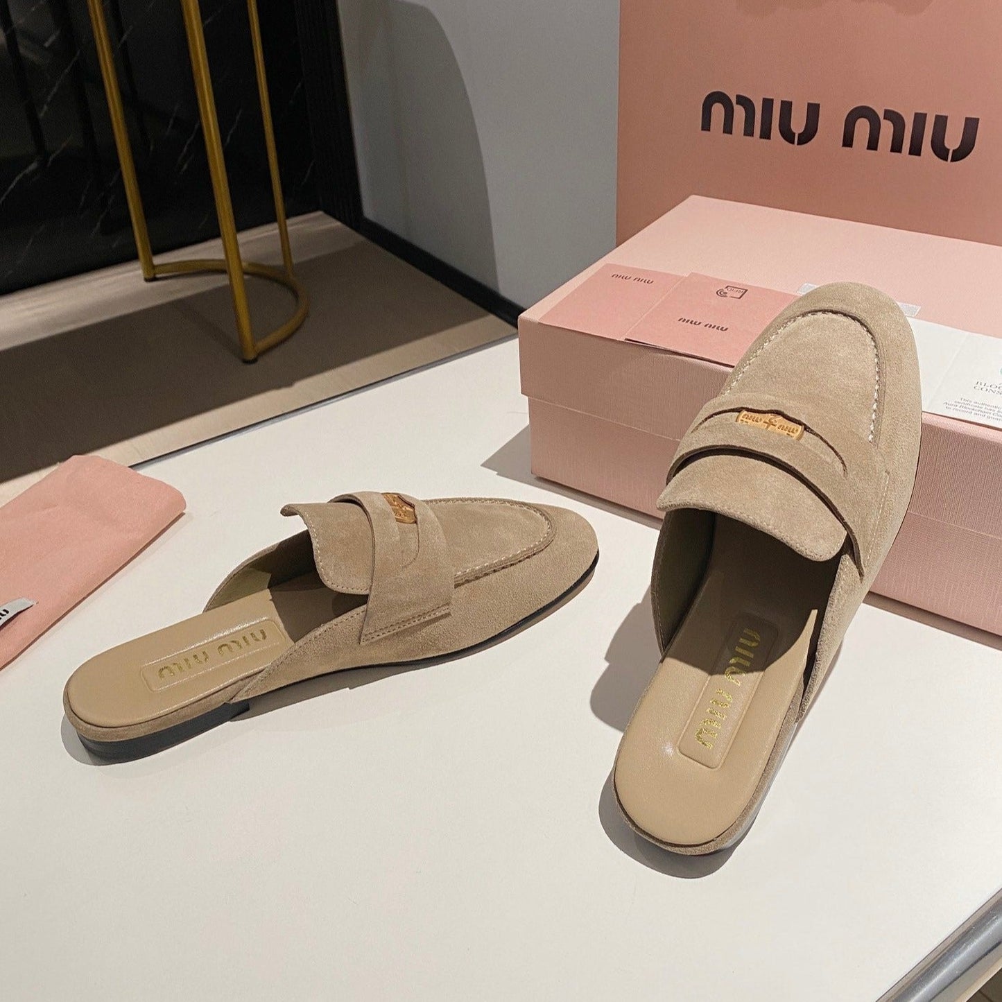 MULES SLIPPERS KHAKI COLOR SUEDE WITH GOLD COIN - 34