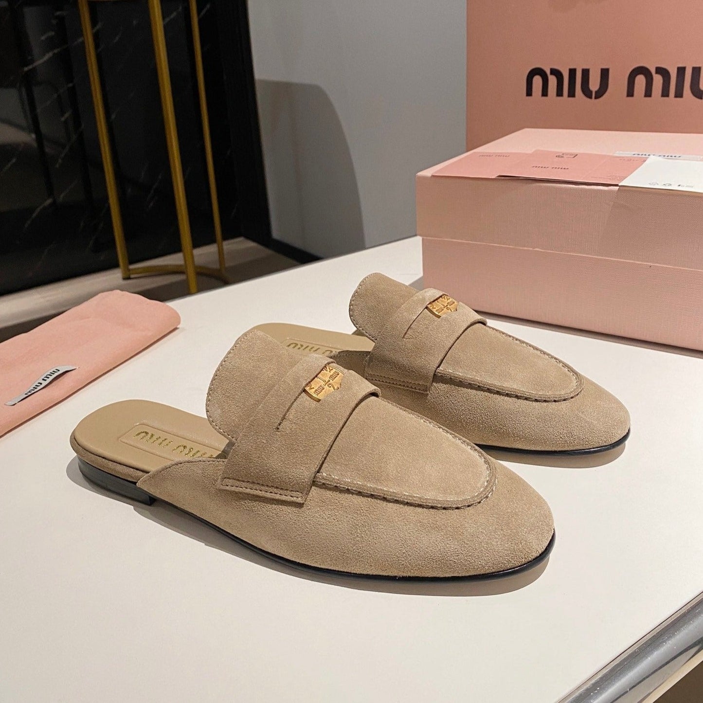 MULES SLIPPERS KHAKI COLOR SUEDE WITH GOLD COIN - 34