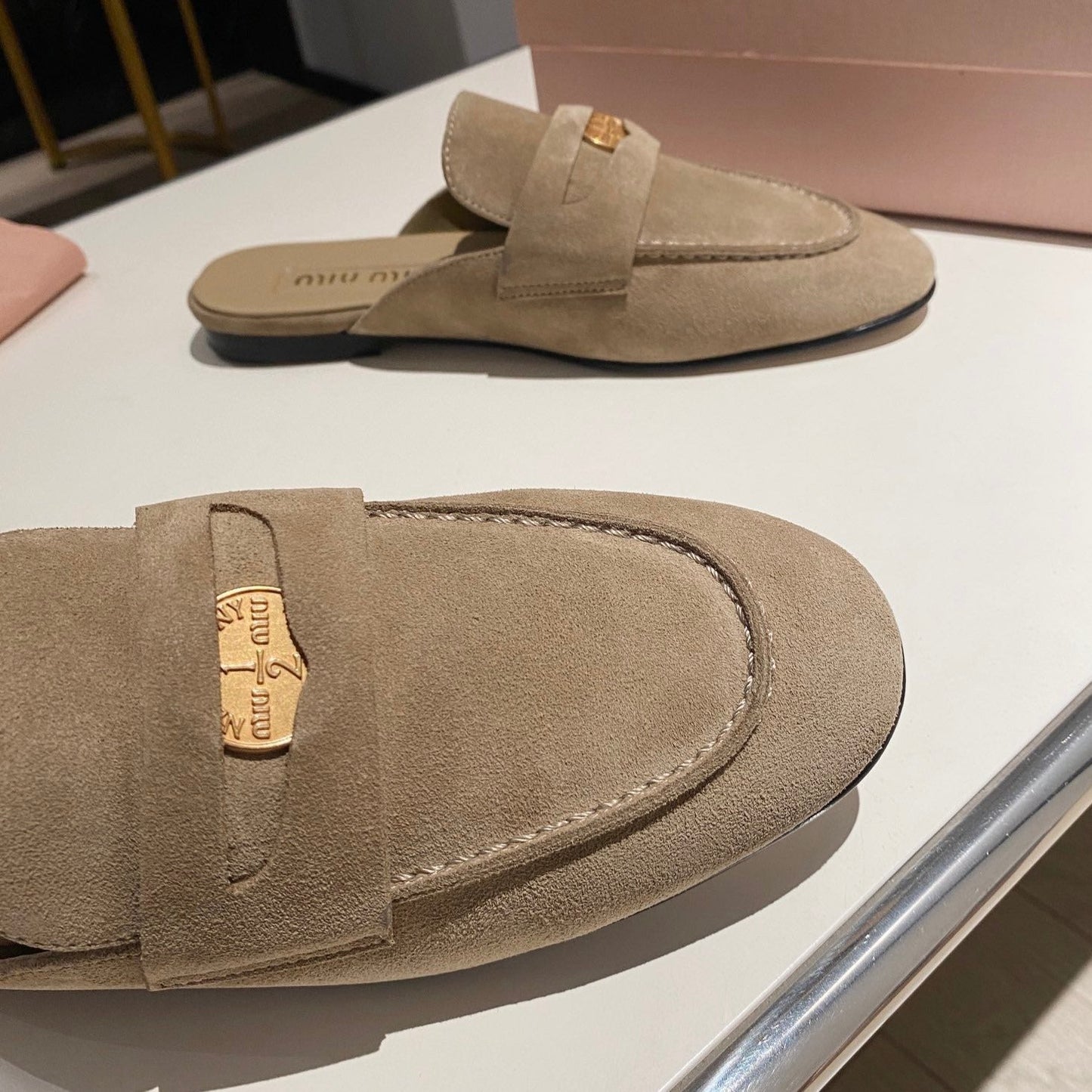 MULES SLIPPERS KHAKI COLOR SUEDE WITH GOLD COIN - 34