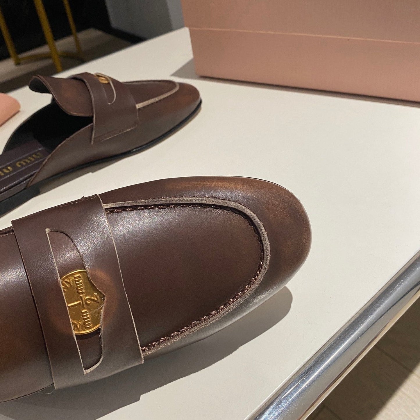 MULES SLIPPERS CHOCOLATE COLOR COWHIDE WITH GOLD COIN - 34