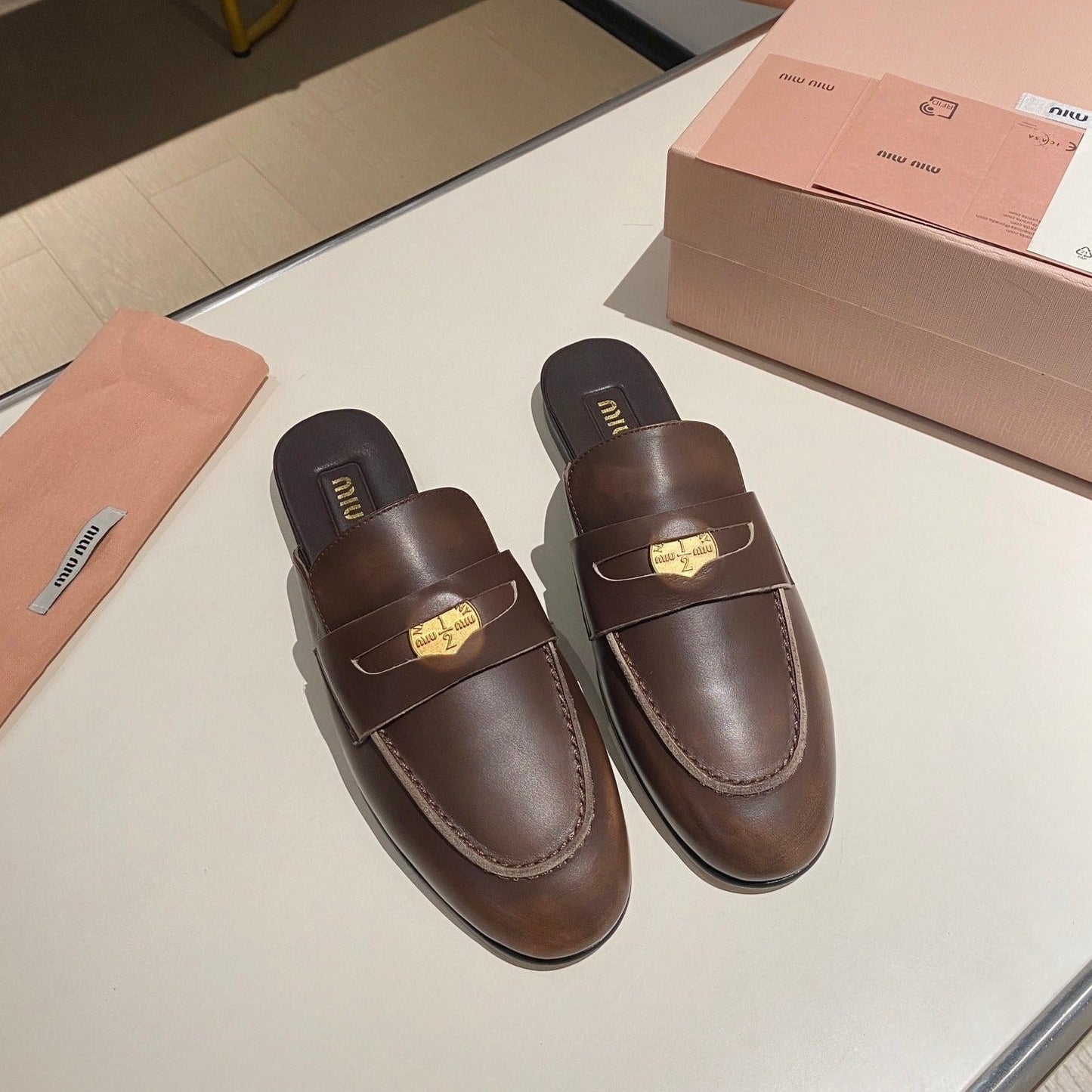 MULES SLIPPERS CHOCOLATE COLOR COWHIDE WITH GOLD COIN - 34