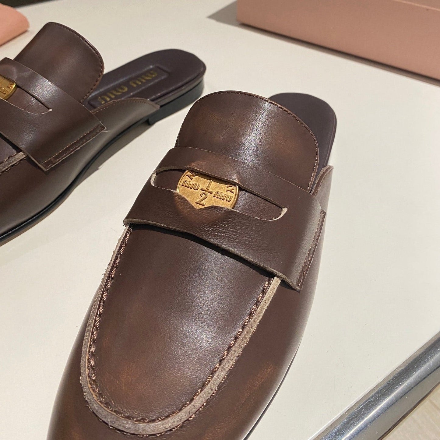 MULES SLIPPERS CHOCOLATE COLOR COWHIDE WITH GOLD COIN - 34