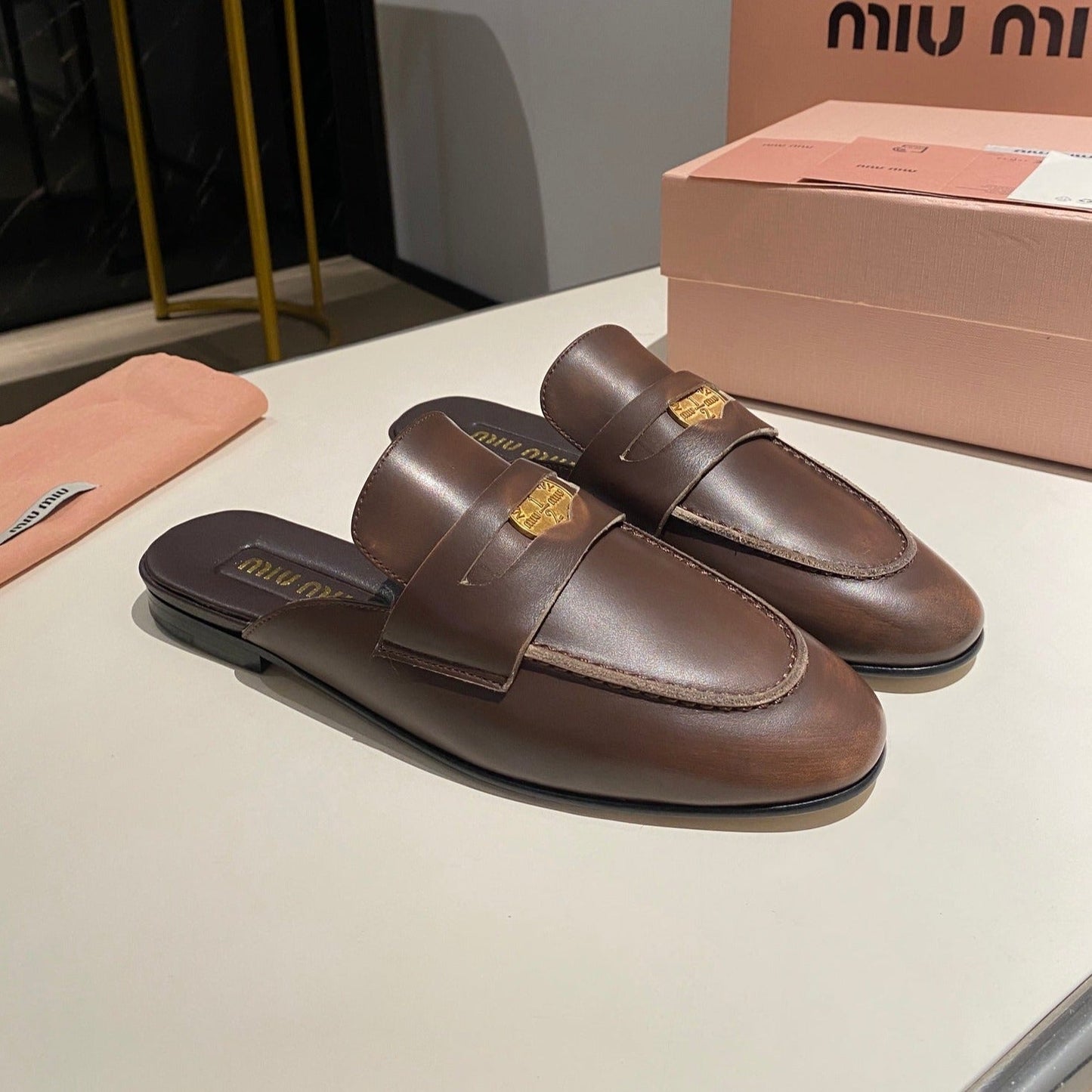 MULES SLIPPERS CHOCOLATE COLOR COWHIDE WITH GOLD COIN - 34