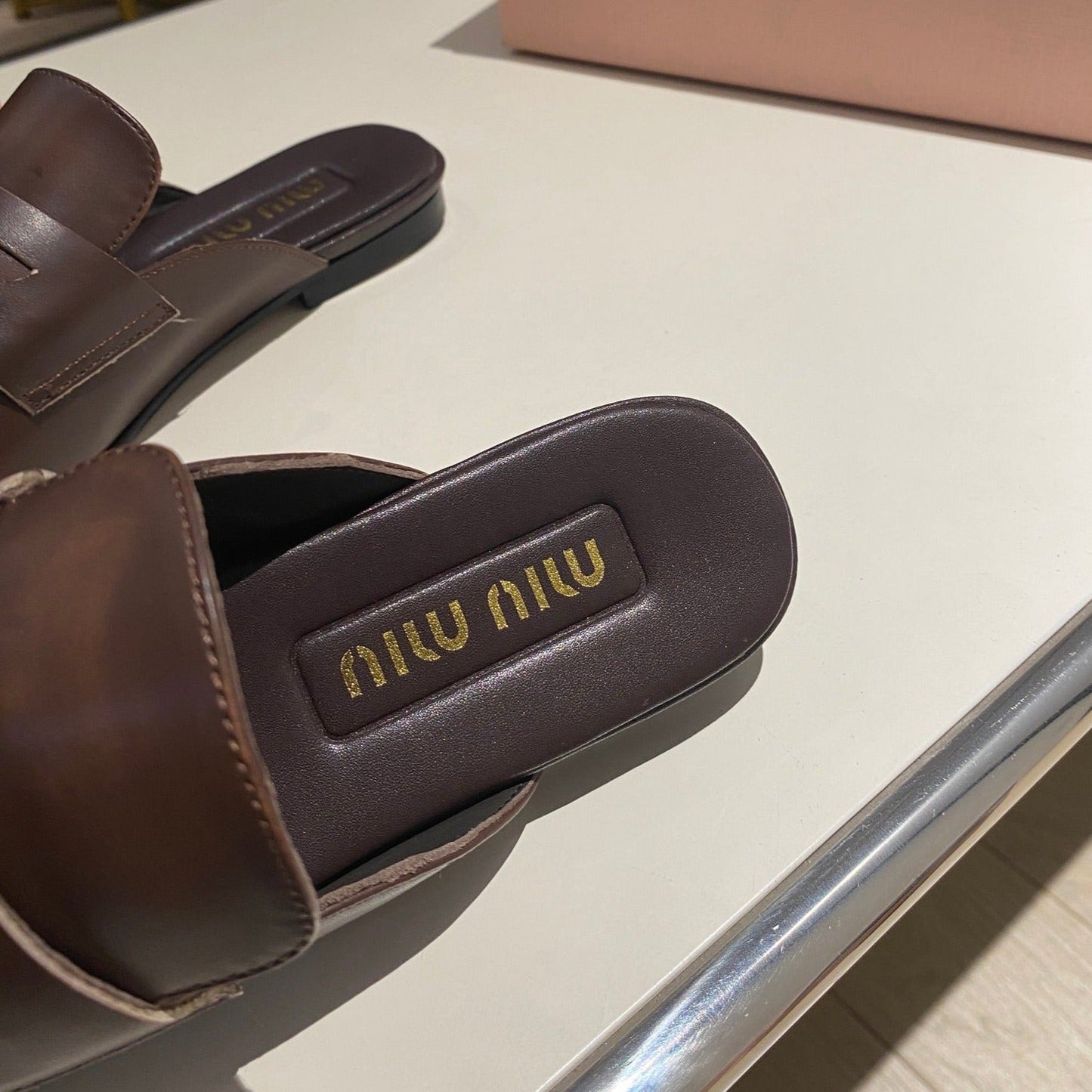 MULES SLIPPERS CHOCOLATE COLOR COWHIDE WITH GOLD COIN - 34