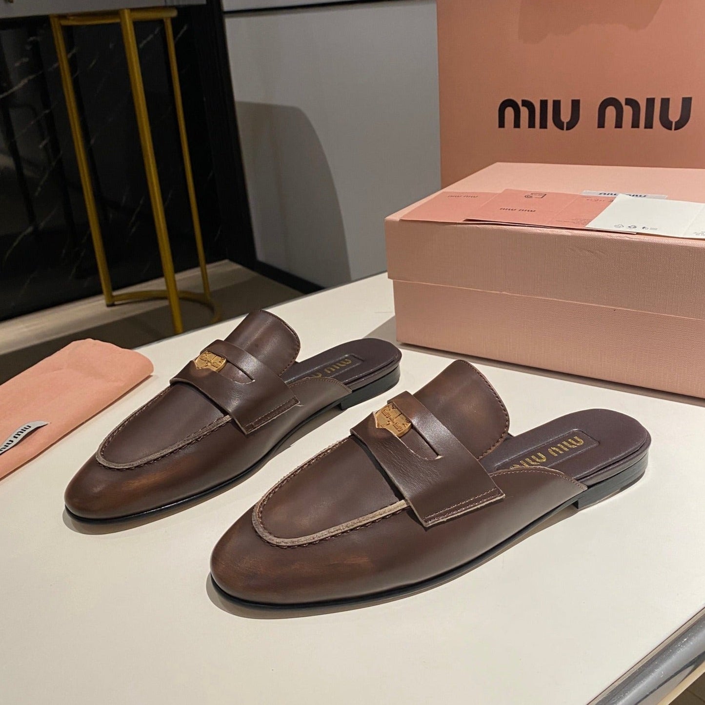 MULES SLIPPERS CHOCOLATE COLOR COWHIDE WITH GOLD COIN - 34