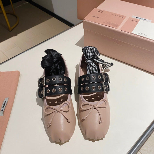 BALLET FLAT SHOES PINK NUDE LAMBSKIN WITH UNIQUE BLACK STRAPS - 35
