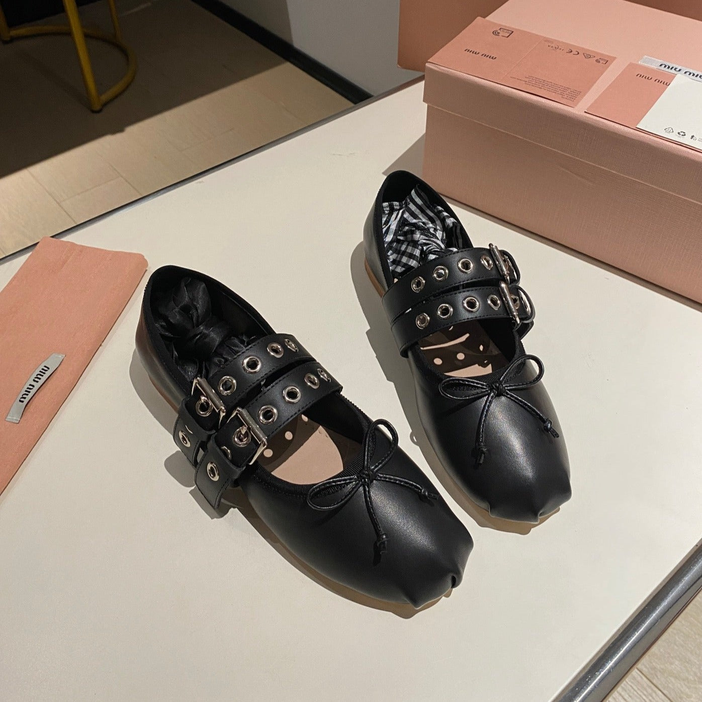 BALLET FLAT SHOES BLACK LAMBSKIN WITH UNIQUE BLACK STRAPS - 35
