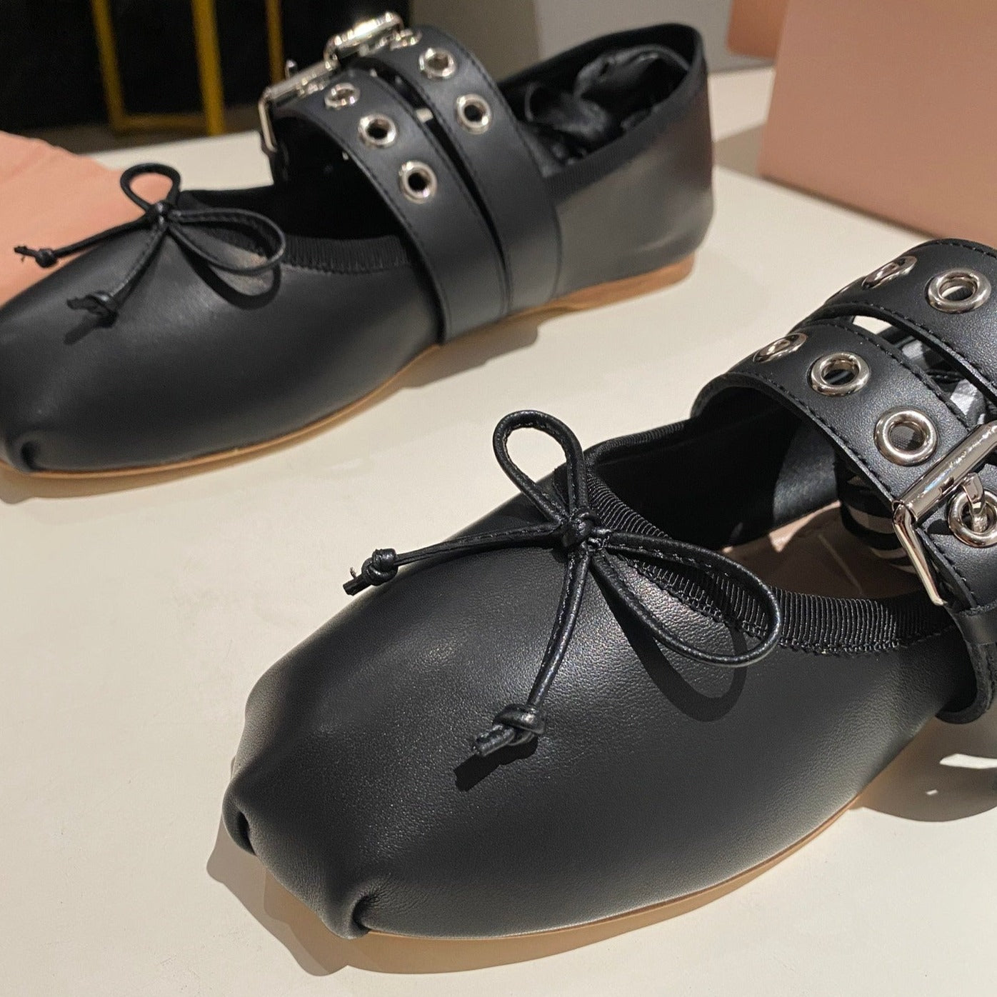 BALLET FLAT SHOES BLACK LAMBSKIN WITH UNIQUE BLACK STRAPS - 35
