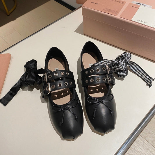 BALLET FLAT SHOES BLACK LAMBSKIN WITH UNIQUE BLACK STRAPS - 35