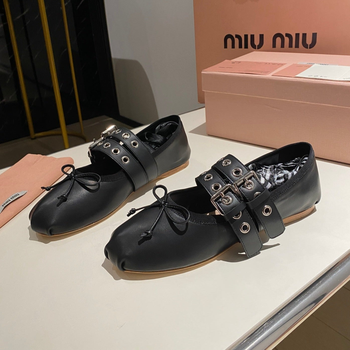 BALLET FLAT SHOES BLACK LAMBSKIN WITH UNIQUE BLACK STRAPS - 35
