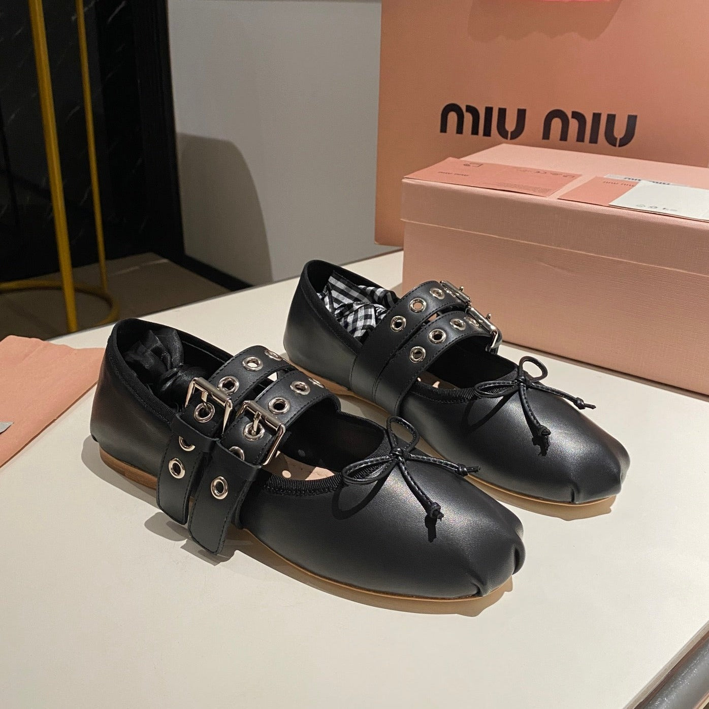 BALLET FLAT SHOES BLACK LAMBSKIN WITH UNIQUE BLACK STRAPS - 35