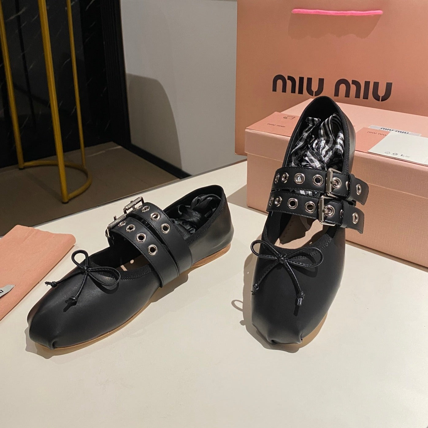 BALLET FLAT SHOES BLACK LAMBSKIN WITH UNIQUE BLACK STRAPS - 35