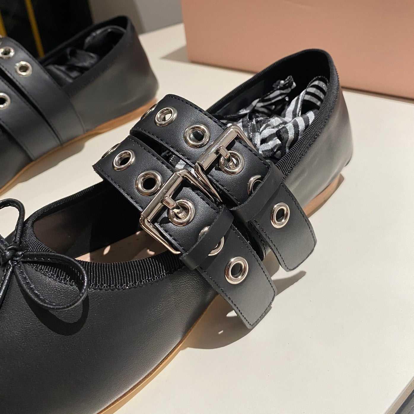BALLET FLAT SHOES BLACK LAMBSKIN WITH UNIQUE BLACK STRAPS - 35